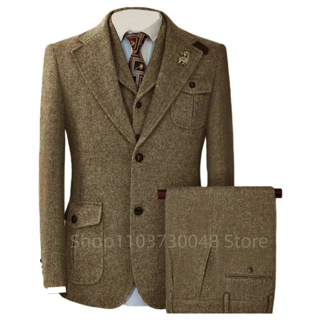 Men's Gray Wool Tweed Slim Fit 3 Piece Suit Winter Formal Herringbone Business Tuxedo Groom Male Jacket Vest Pants Set