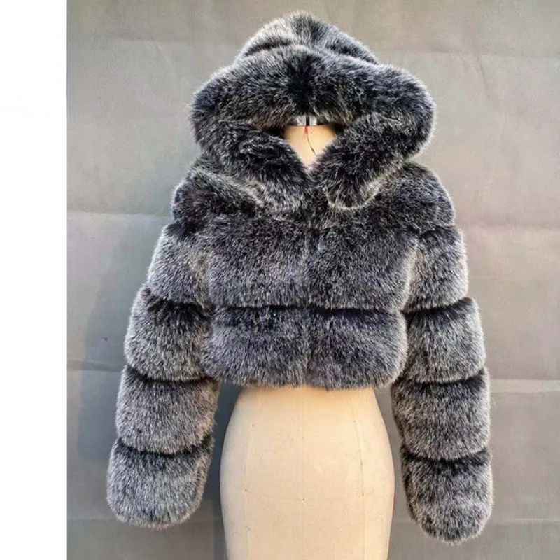 2023 Autumn Winter New European American Short Hooded Fur Coat Imitation Fox Fur Stitching Short Long Sleeved Women Overcoat