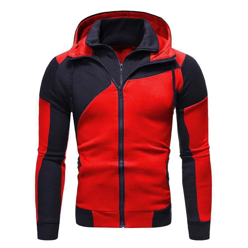 New Color Block Sweater Men's Casual Fashion Sports Two piece Spliced Zipper Hooded Sweater Men's Wear