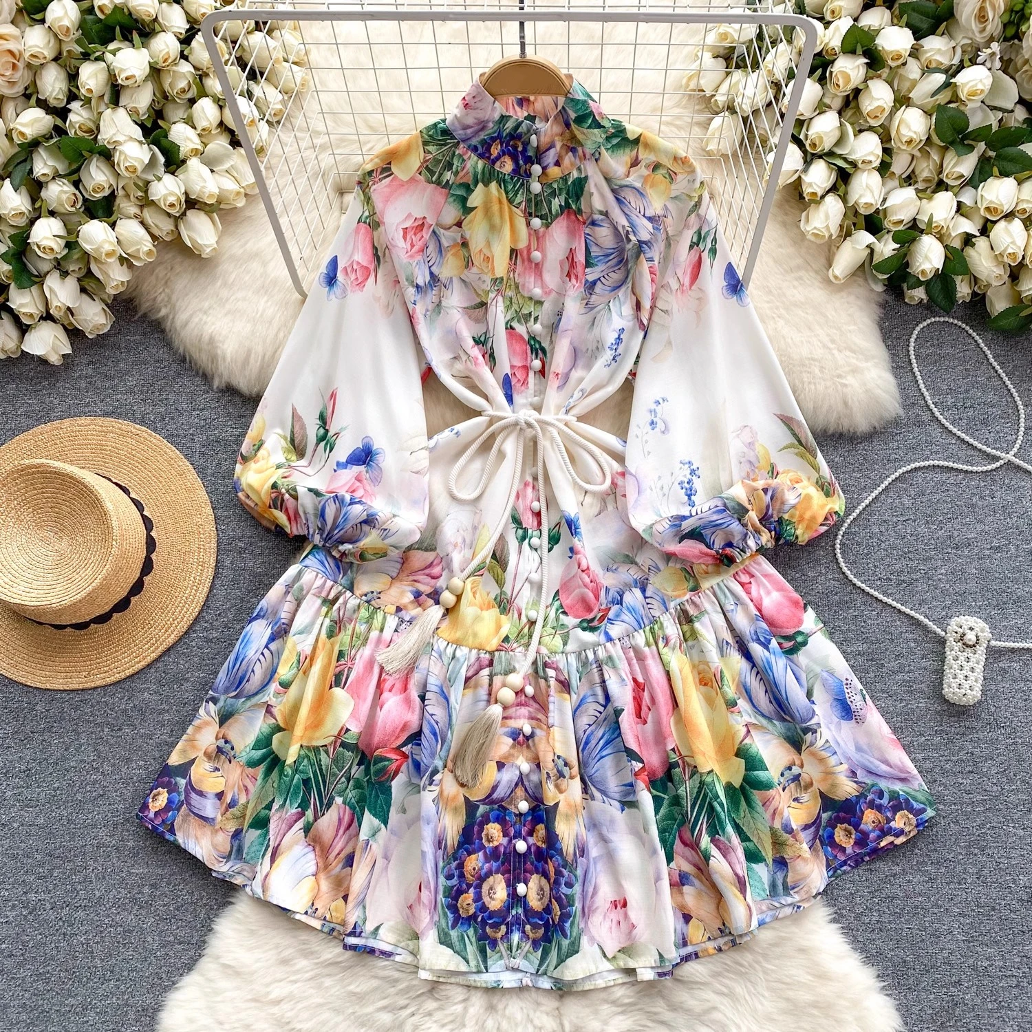 

Clothland Women Sweet Floral Mini Dress Sashes Long Sleeve A Line White Black Female Fashion Cute Dresses Vestido Mujer QD434