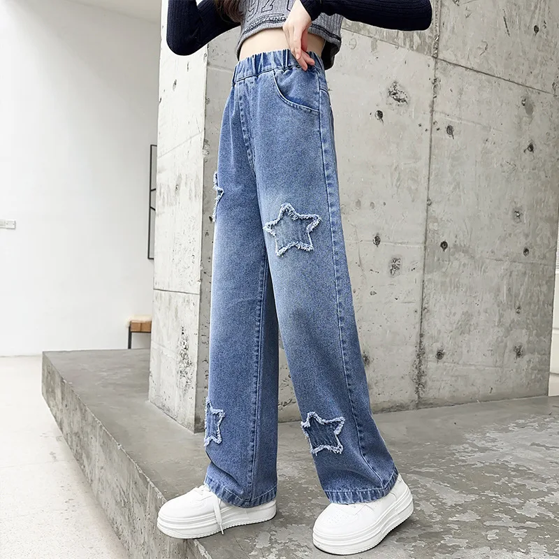 Teenage Girls Jeans 2024 Spring Autumn Casual Fashion Loose Blue Kids Leg  Wide Pants School Children Trousers 6 8 10 12 Year