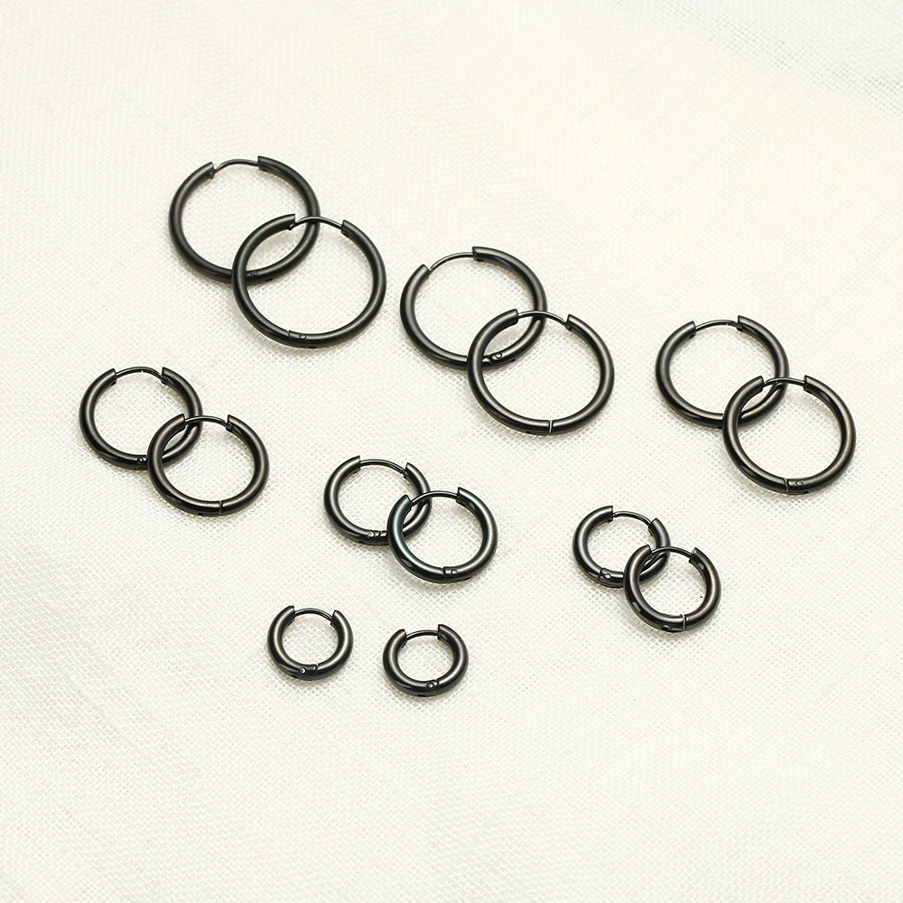 Black Hoop Earrings For Men Stainless Steel 8mm 20mm Small Punk Fashion Various Jewellery Accessories Classic Piercing Jewelry 2