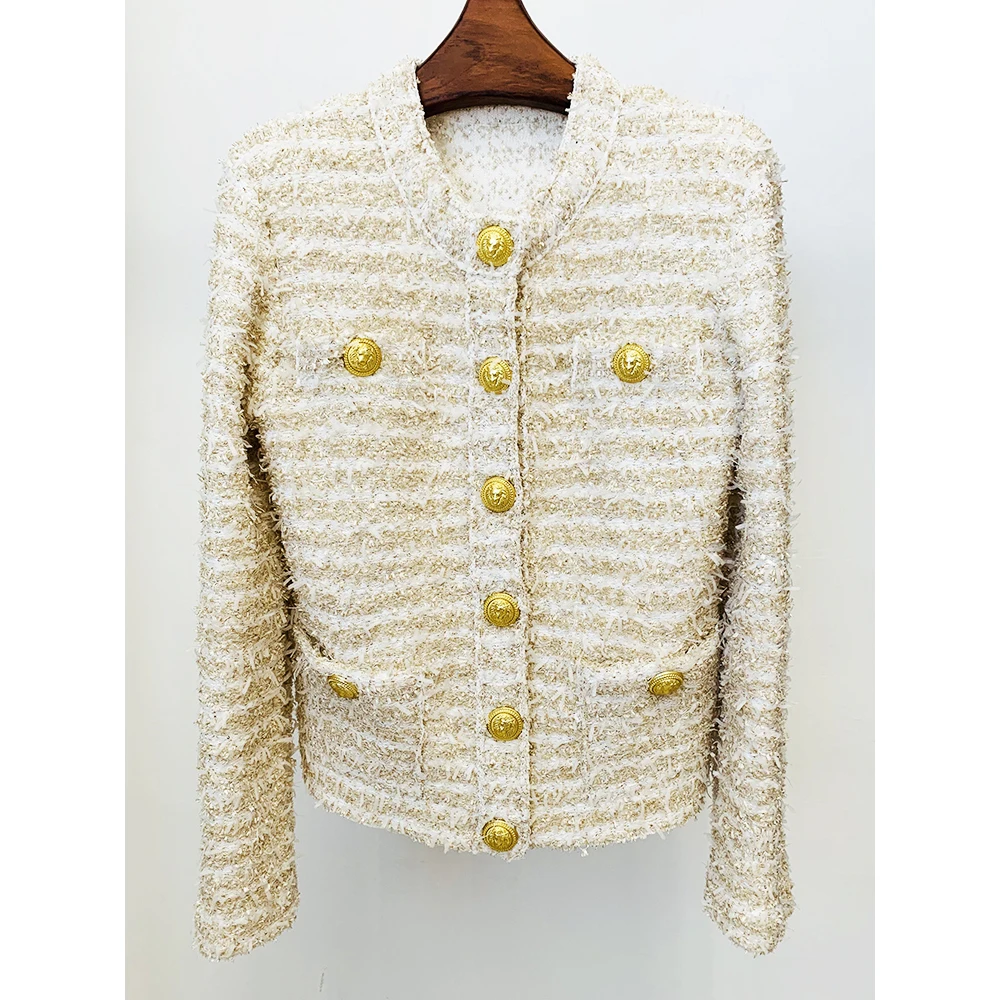 

2022 Fall Winter Fashion Jacket Women's Lion Buttons Sequined Knit Cardigan