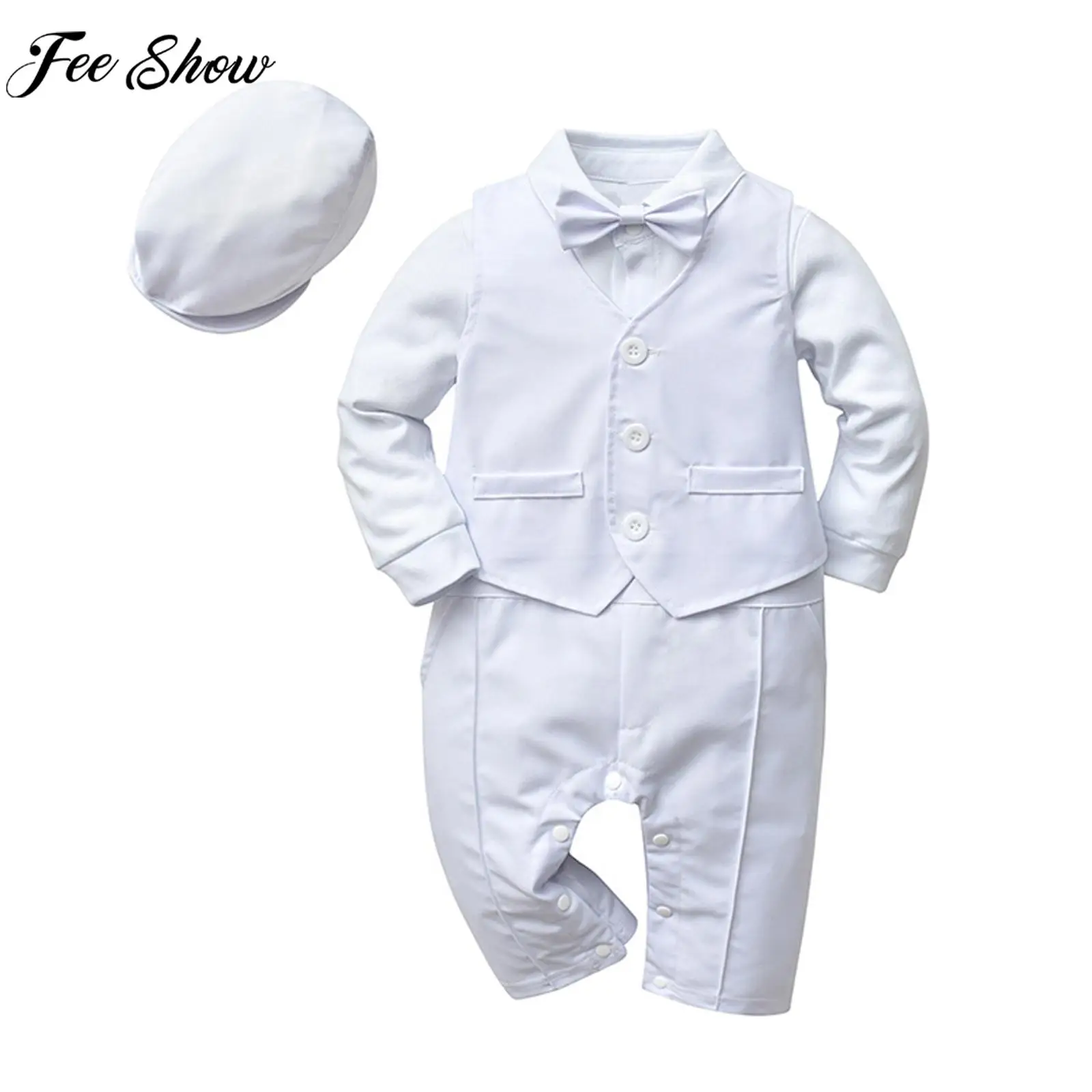 Baby Boys White Christening Rompers Set Long Sleeve Bowtie Gentlemen