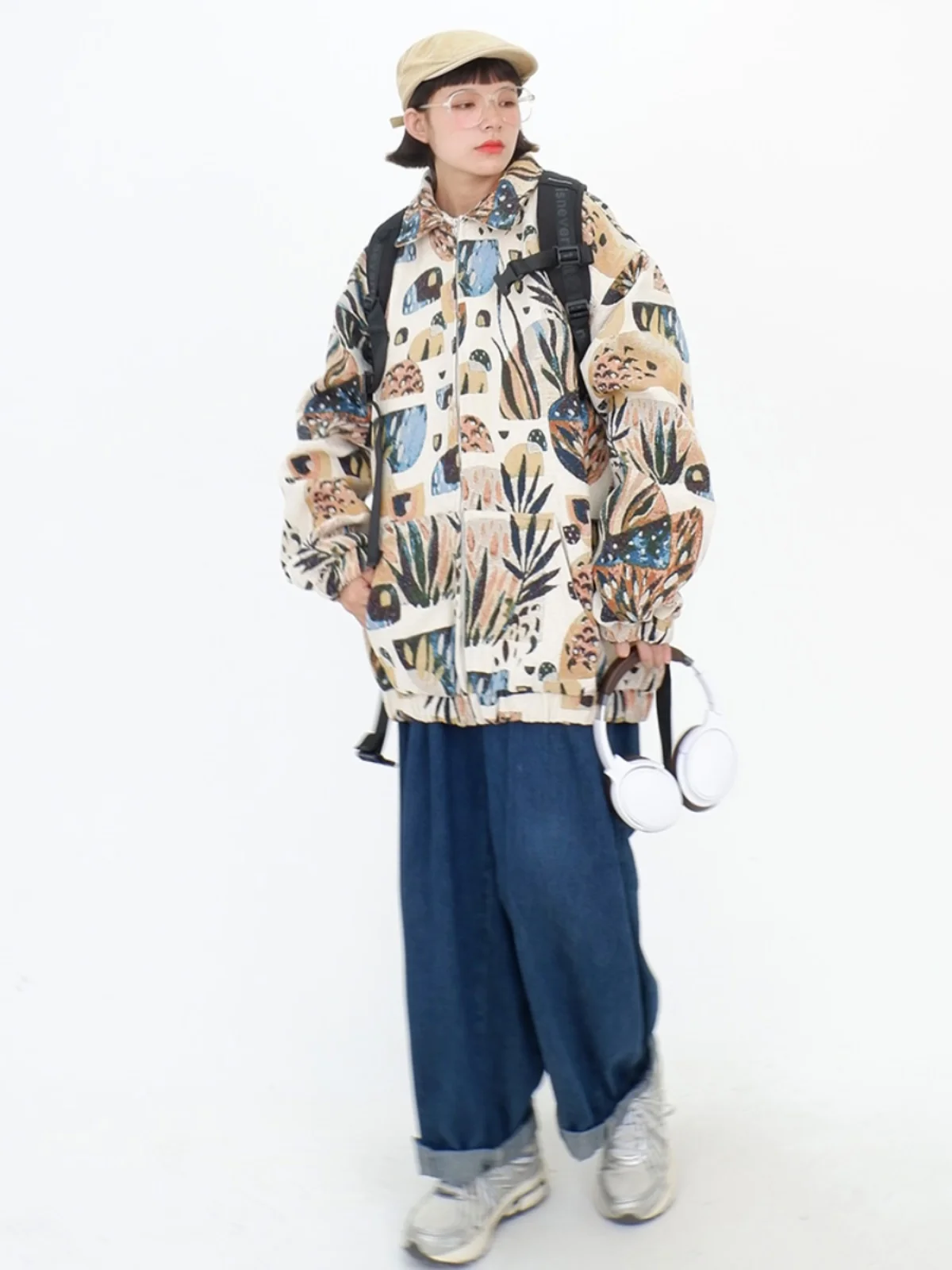 All over printed plant zipper COATS for women's autumn 2023 new loose fitting bf retro original style jacketS