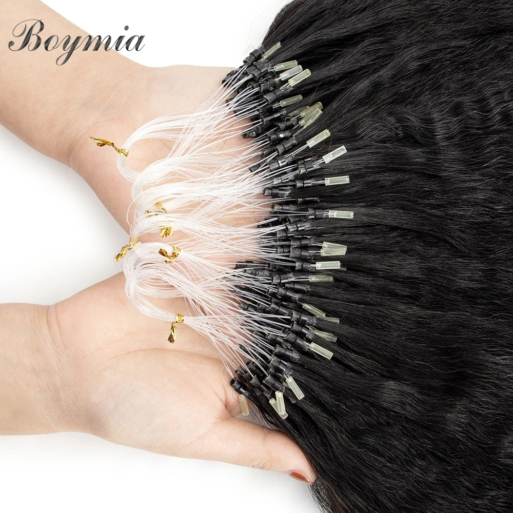 Boymia Micro Loop Hair Extensions Kinky Straight 12"-26" Brazilian Remy Micro Ring Link Hair Natural Black 1B Bulk 50pcs