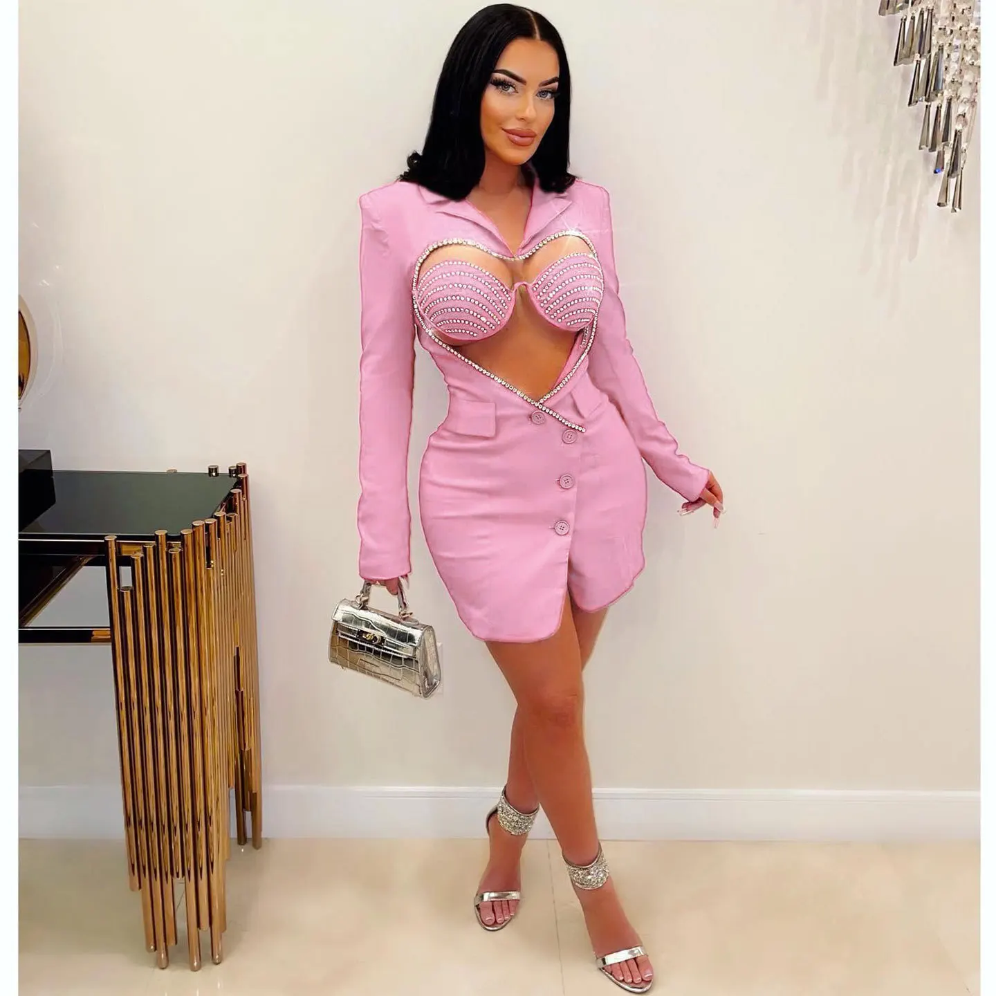 Sexy Hollow Out Rhinestones Bra Dress Two Piece Set Elegant Long Sleeve Button Blazer Mini Dresses Party Club Women Clothings