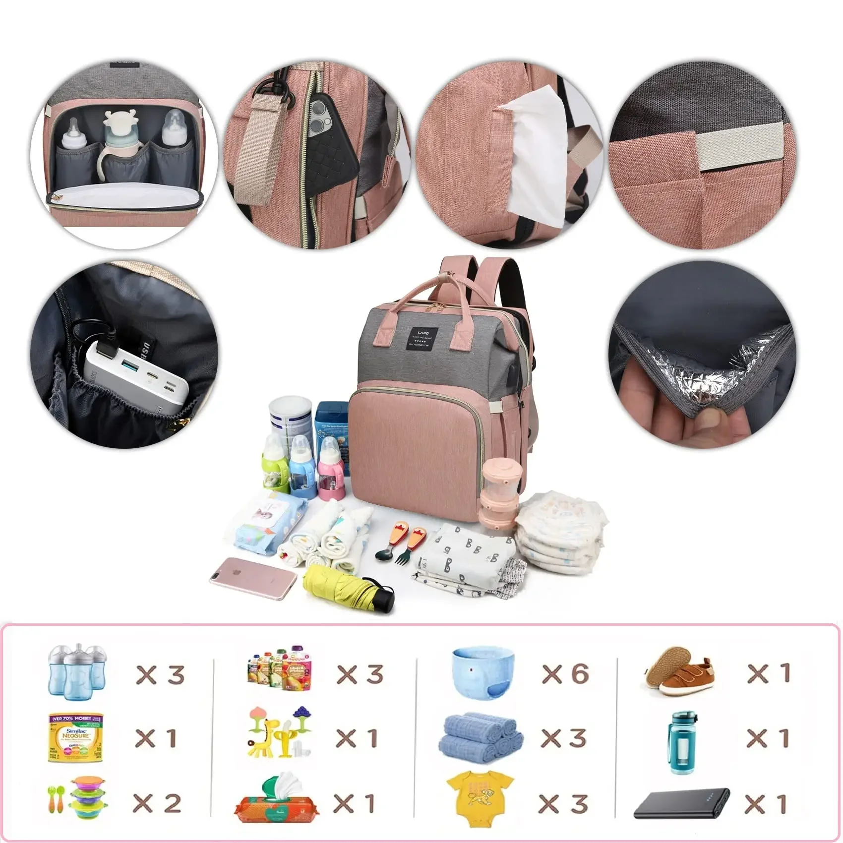 Ultimate Mommy Bag para viaje-mochila plegable de gran capacidad con cama de cuna y bolsa de pañales