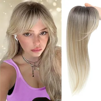 Topper per capelli da 18 pollici per donna con frangia 3D 360 °   Copricapo Sintetico Liscio Lungo Effetto Voluminoso per Capelli Diradati