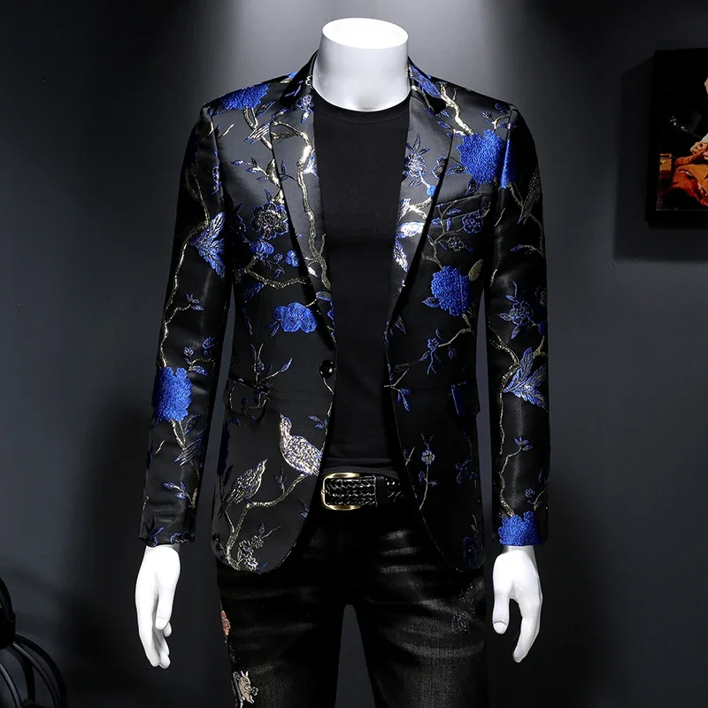 

New Vintage Luxury Jacquard Blazers Men 2023 New Flower Slim Fit Blazer Jacket Hommes Wedding Club Party Dress Singers Costumes