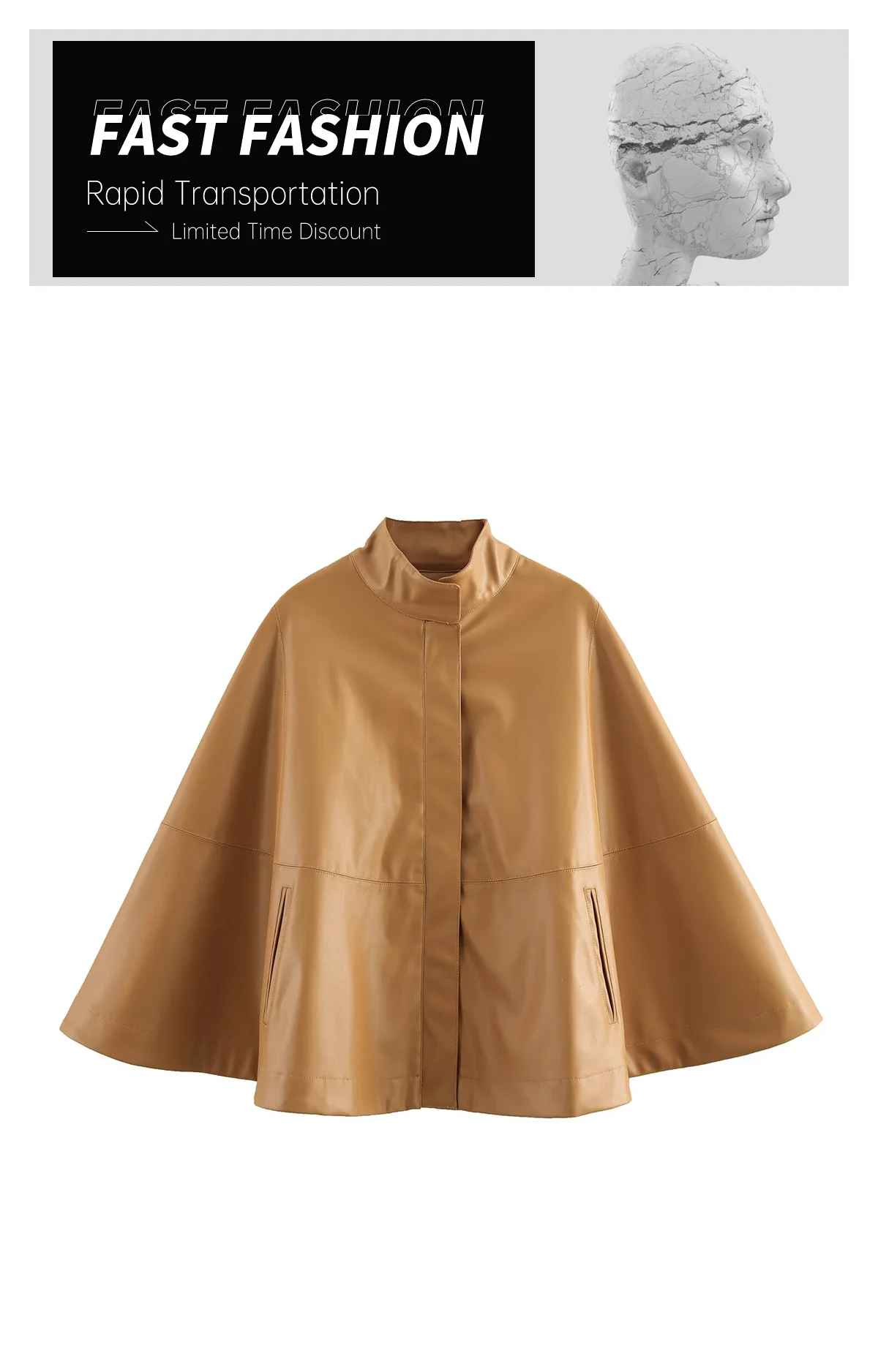 Description Picture 5 of itemUNIZERA Women's Cloak style Coat with Stand up Collar Pocket Zipper Decoration Spring New Women's Coat Top