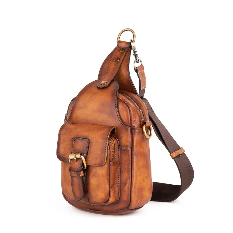 Fashion original leather men's chest bag vintage cowhide crossbody bag multifunction messenger bag large capacity sling bag