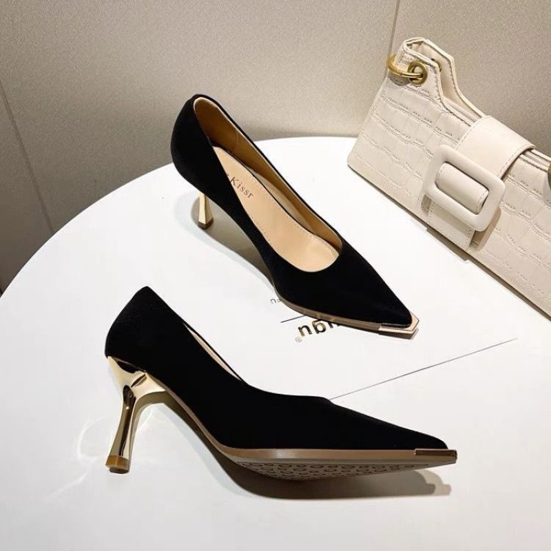 Khaki High Heels Women's 2025 New Thin Heel Temperament Celebrity Suede Light Mouth Pointed Single Shoes Commuter Work Shoes