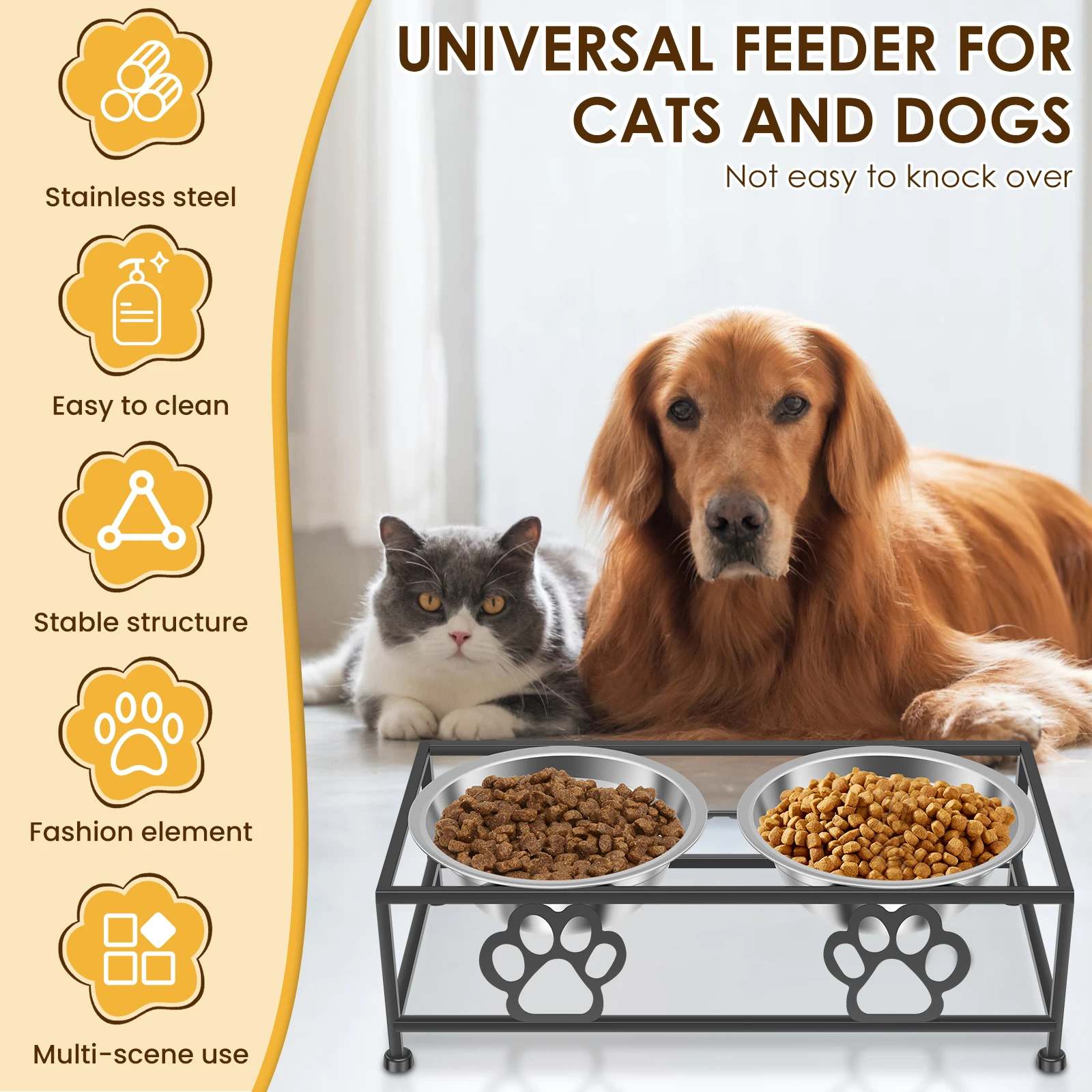 Elevated Pet Feeder Bowl Metal Double Bowl Pet Dish Holder with 2 Stainless Steel Bowl Cat and Dog Water Feeders Pet Supplies
