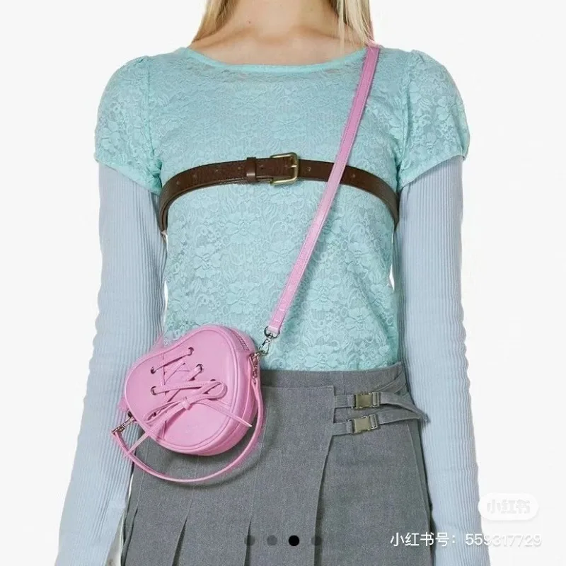 Xiuya Blue Womens Handbag Small Leather Sweet Casual Cute Bow Heart Shoulder Bag Y2k Fashion Exquisite Elegant New Crossbody Bag