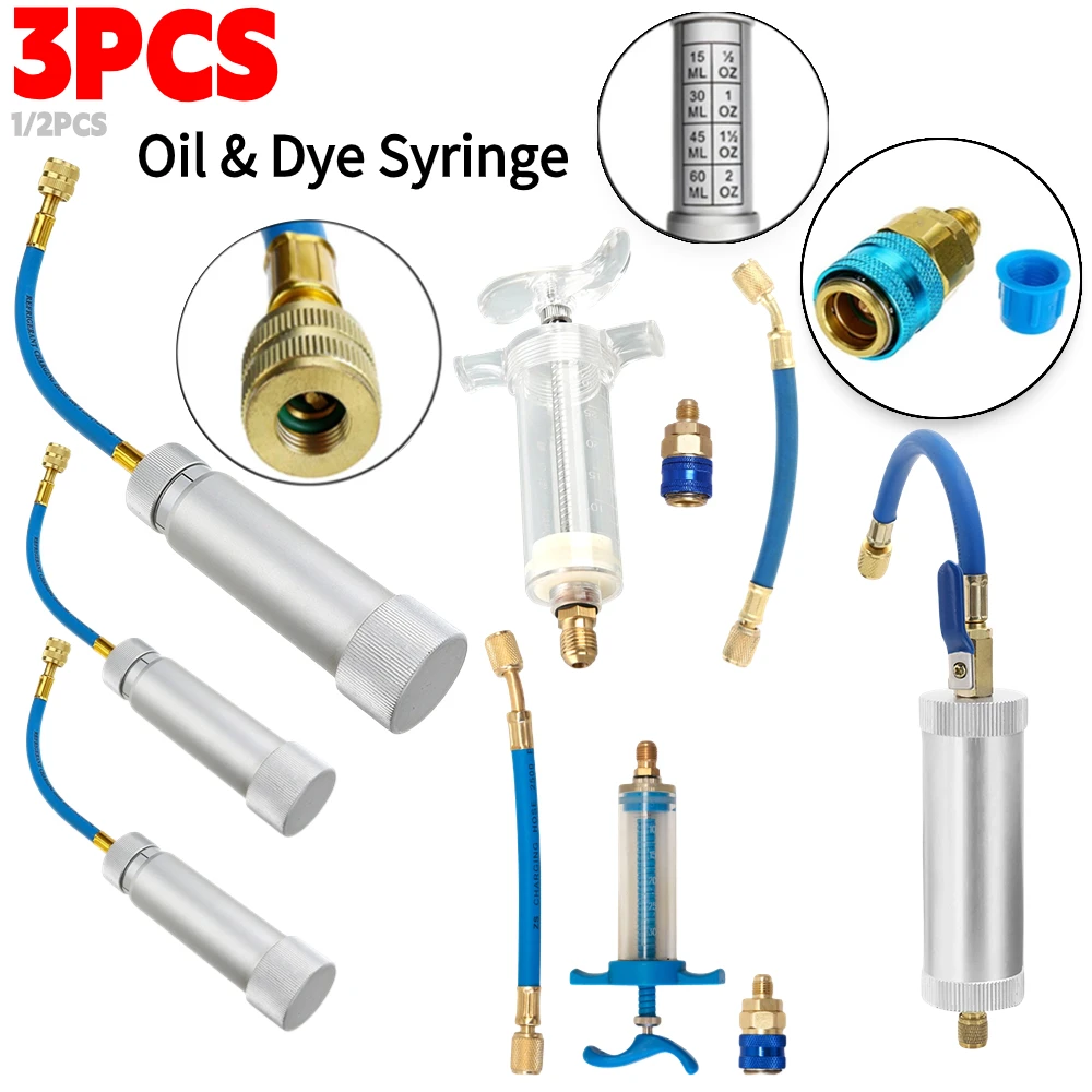 3-1PCS Air Conditioning Car Oil Injection R134A 2Oz 1/4'' A/C Oil & Dye Syringe Grease Guns Pure Liquid Coolant Filler Tube