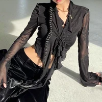 Long Flare Sleeve Blouses for Women Lace-up Mesh Sexy Sweet Hot Girls Korean Fashion Style All-match Solid Design Elegant Casual - Image 6