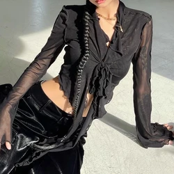 Elegant Long Flare Sleeve Lace - Up Mesh Blouse for Women - Korean Fashion Style (Black)