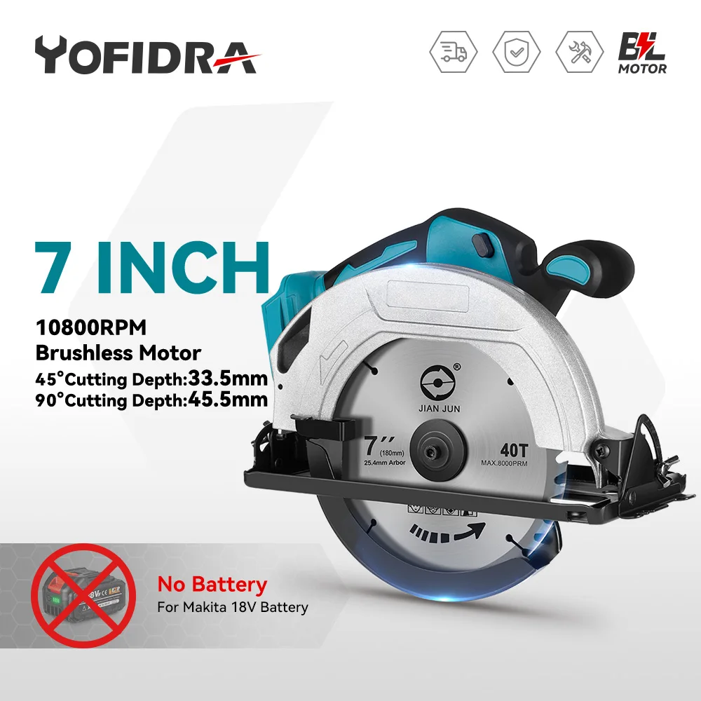 

Yofidra 7 Inch Brushless Circular Saw 180mm 0-45° Multi-Angle Cutting for Makita 18V Battery Electric Saw Woodworking Power Tool