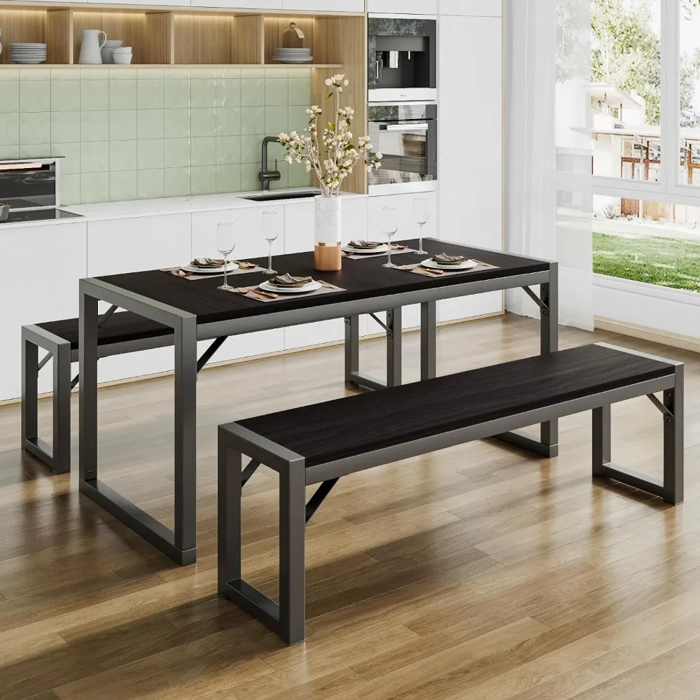 

Обеденный стол, набор из трех предметов с 2 скамейками, простой кухонный стол для 4-6 человек, легко собирается, черный/серый