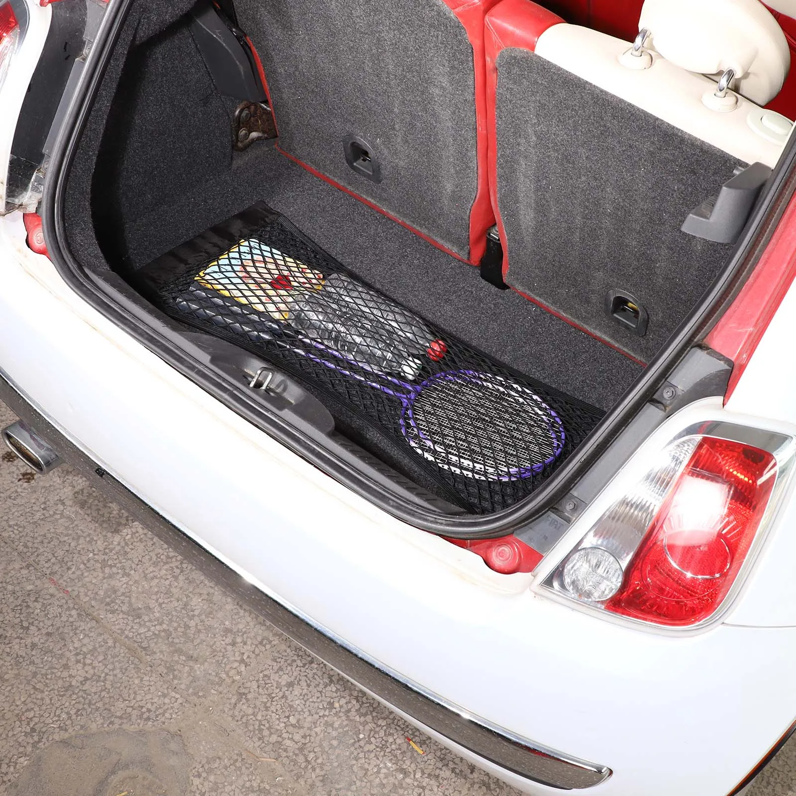 For Fiat 500 2010-15 Car Trunk Cargo Organizer Storage Elastic Mesh Bag Luggage Nylon Cargo Storage Stretchy Net Car Accessories