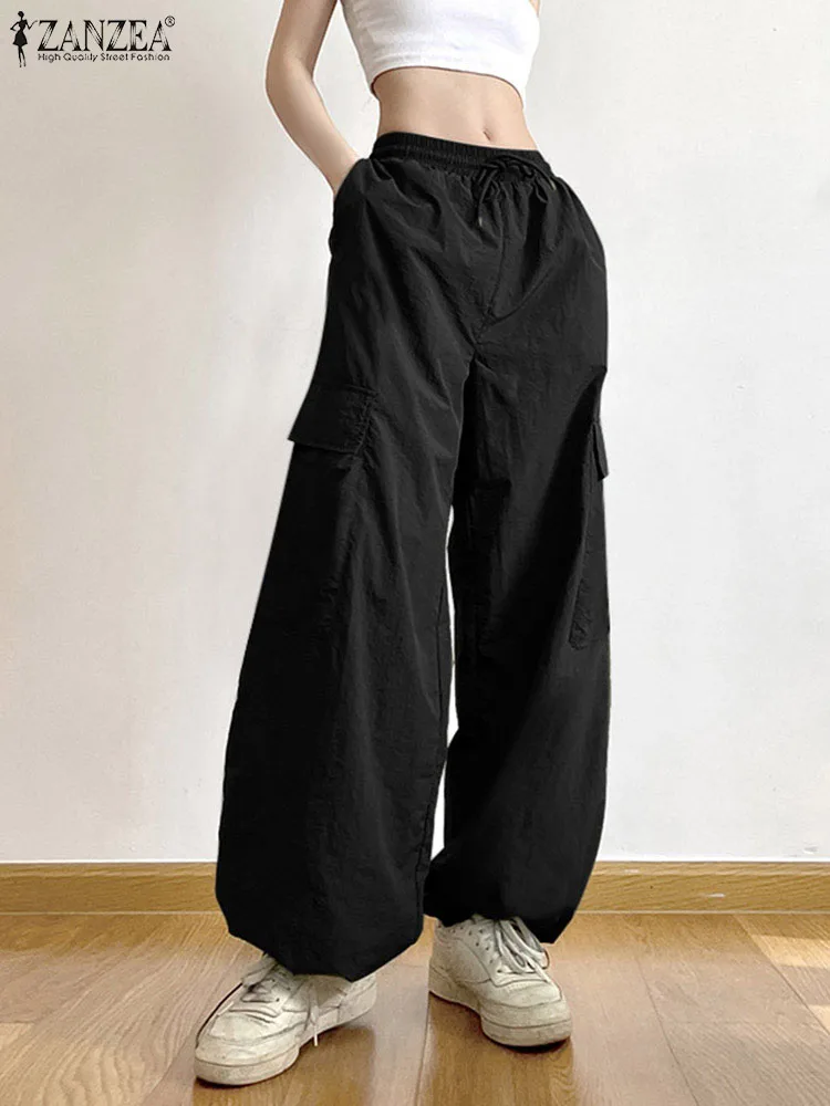

Брюки-карго ZANZEA женские с эластичным поясом, модные длинные штаны на шнуровке, повседневные широкие брюки, уличная одежда, свободные спортивные штаны, 2024