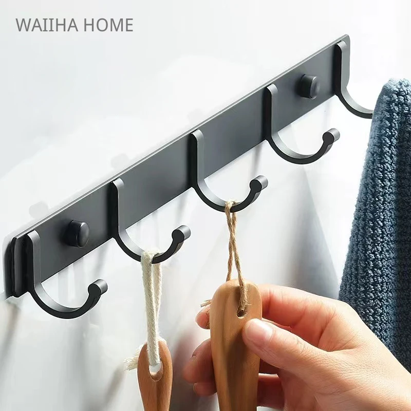 

Bathroom Black Coat Hook Rack Aluminum Kitchen Storage Shelf Multi Row Hanger Household Hardware Pendants Accessories