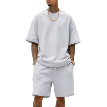 2025 100%  Cotton Men's Summer American-Style Loose High Street Hip-Hop Sport Short-Sleeved Set with Shorts