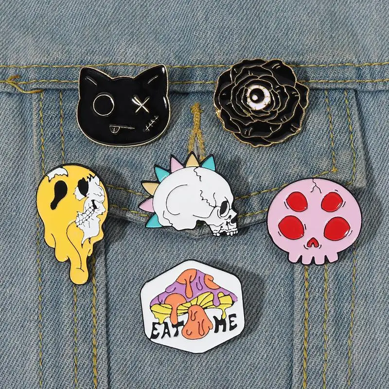 

Punk Styles Enamel Pins Custom Hiphop Black Cat Rose Mushrose Skull Brooches Lapel Badges Gothic Jewelry Gift for Kids Friends