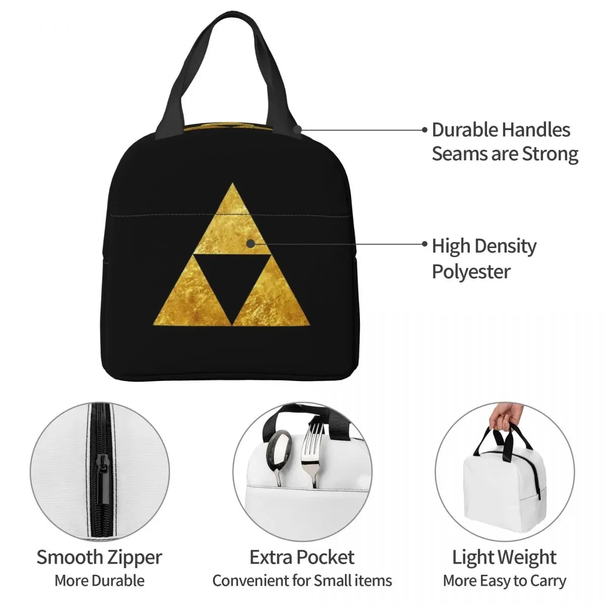 Gold Triforce Symbol Zelda Insulated Lunch Bags Portable Picnic Bags Thermal Cooler Lunch Box Lunch Tote for Woman Work Children