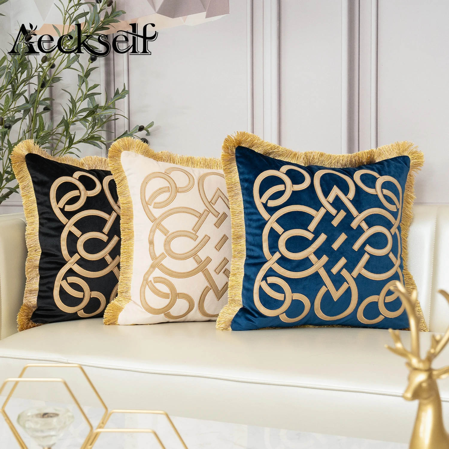 Description Picture 3 of itemAeckself Luxury Gold Leather Embroidery Velvet Cushion Cover With Tassel Home Decor Navy Blue Black Beige Throw Pillow Case