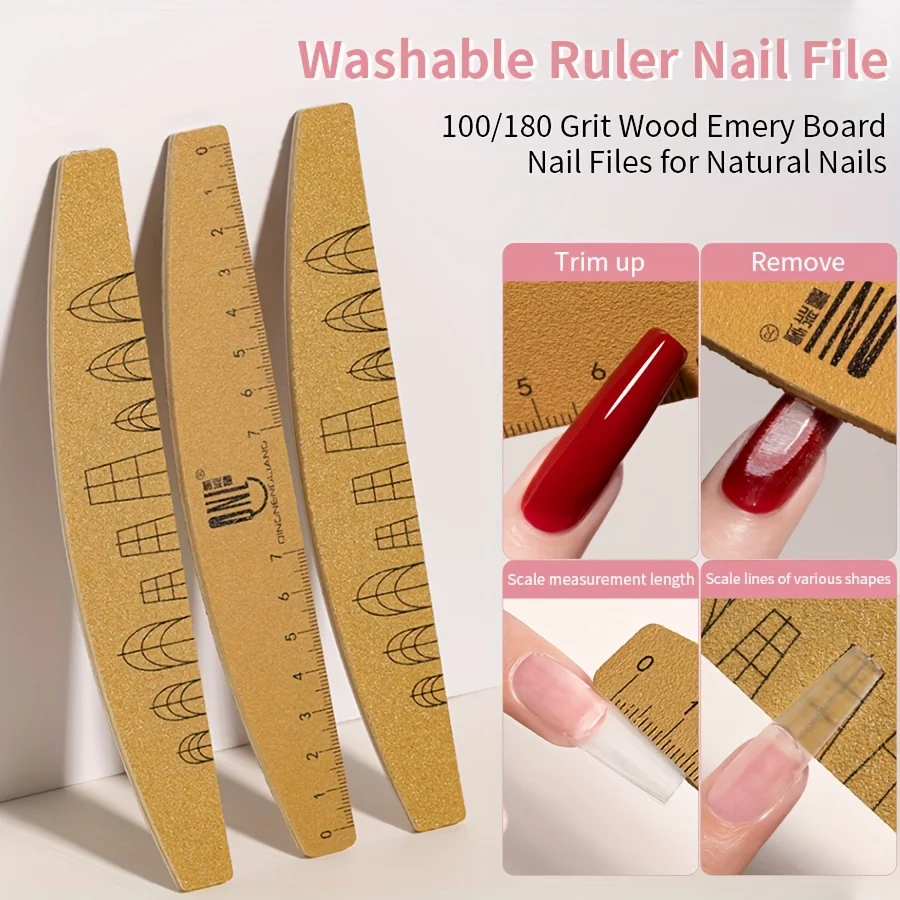 Double-Sided Nail File Buffer Grit Washable with Ruler Scale Shape Templates Professional Manicure Tool for Salon Home Use