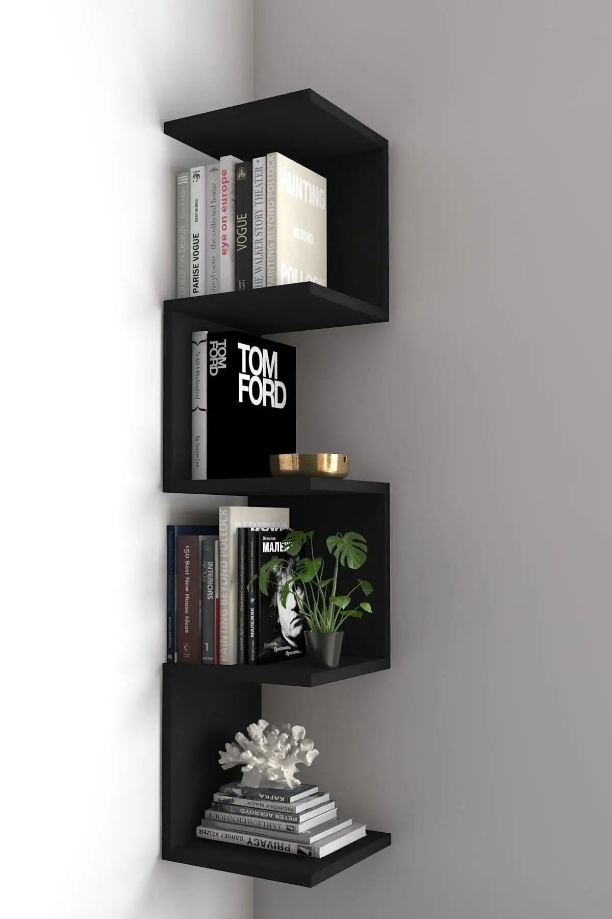 Libreria Moderna Ivy Decorativo Zig Zag Wall Corner Rack/Nero