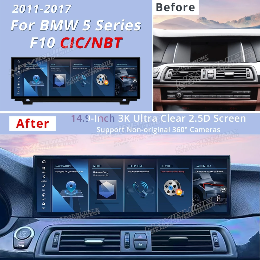 NAVIGUIDE 14.9'' Android13 Wireless Carplay Auto For BMW 5 Series F10 LHD 2011- CIC NBT Car Radio Navi Multimedia Player GPS
