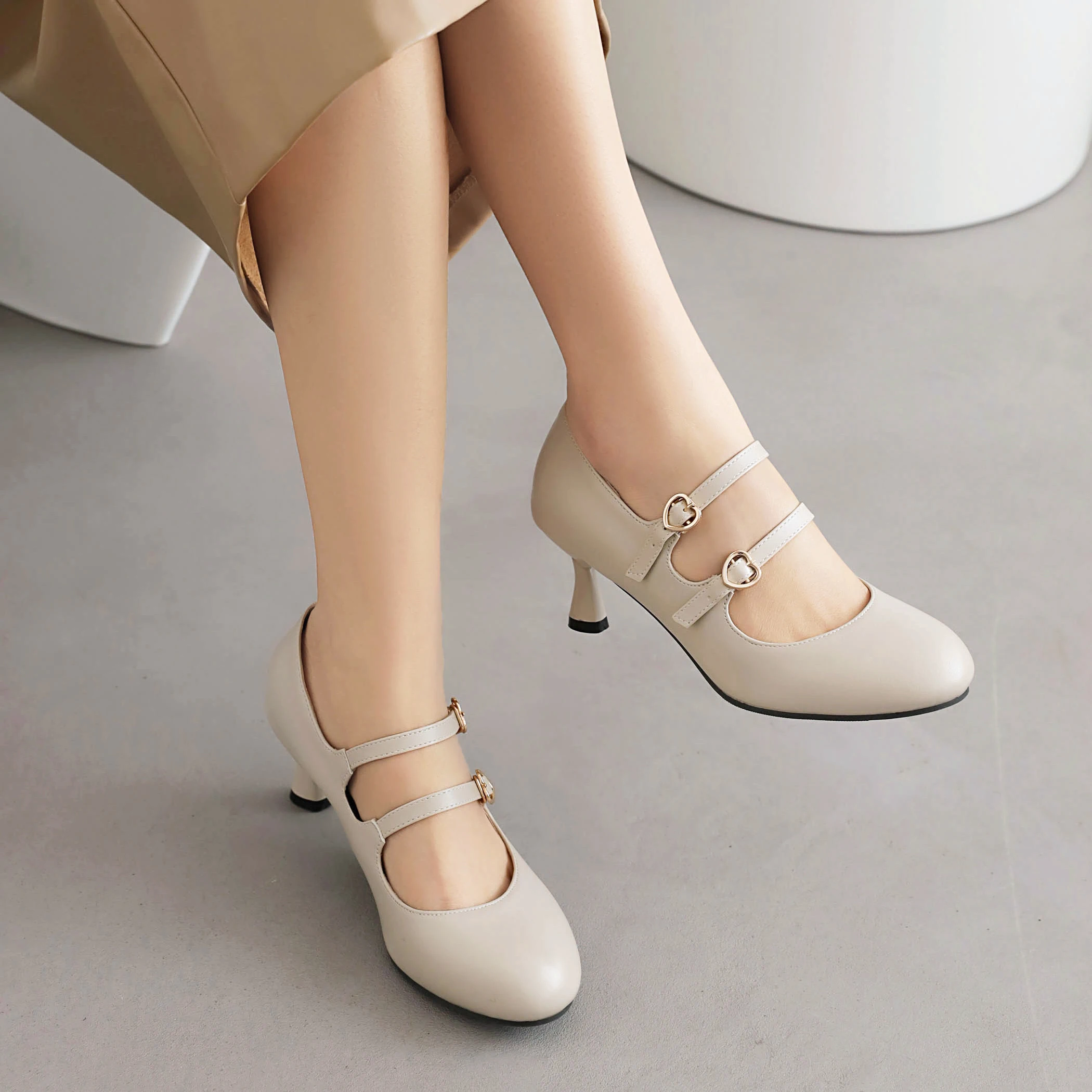 Han Dynasty Shoes for Women, Apricot Color Flats, Double Buckle Straps, Round Toe Shoes, Lady Style with Cheongsam, Republic of China Style High Heels 434548 Plus Size Work Shoes 3