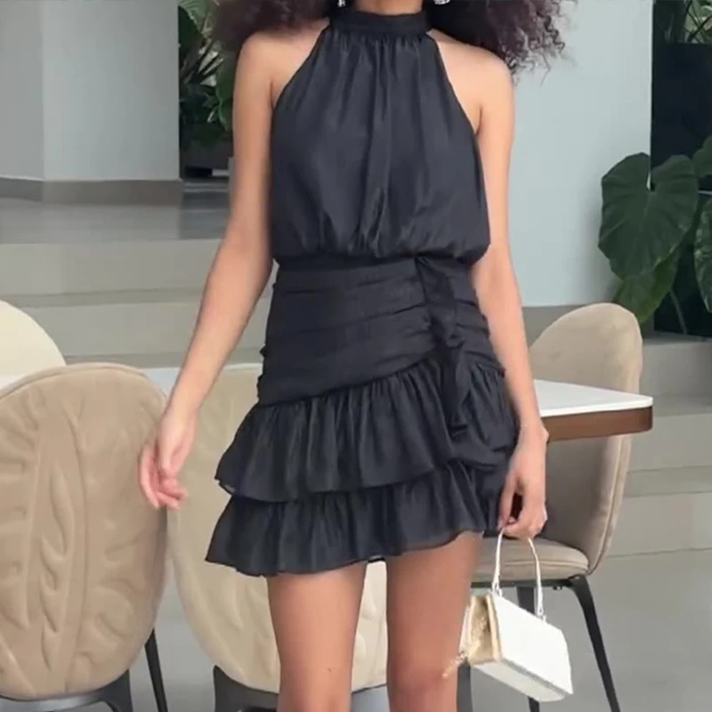 

Elegant Party Layered Cake Slim Dress Sexy Solid Color Halter Lace-up Mini Dress New Sleeveless High Waist Pleated Ruffles Dress