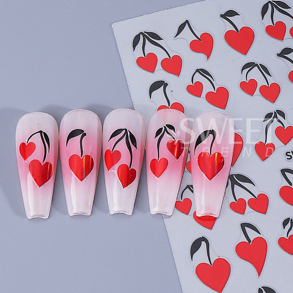 2pcs Valentine's Day Nail Stickers Heart-shaped Cherry Leaves Self-adhesive Nail Decals Sweet DIY Manicure Decoration Sliders