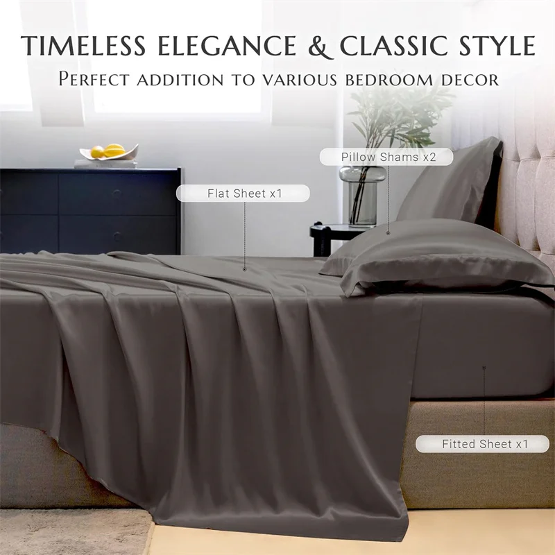 100% Mulberry Silk Bed Sheet Sets Luxuriously Smooth Bedding Set Silky Fitted Sheet Flat Sheets Pillowcase Washable High End 3