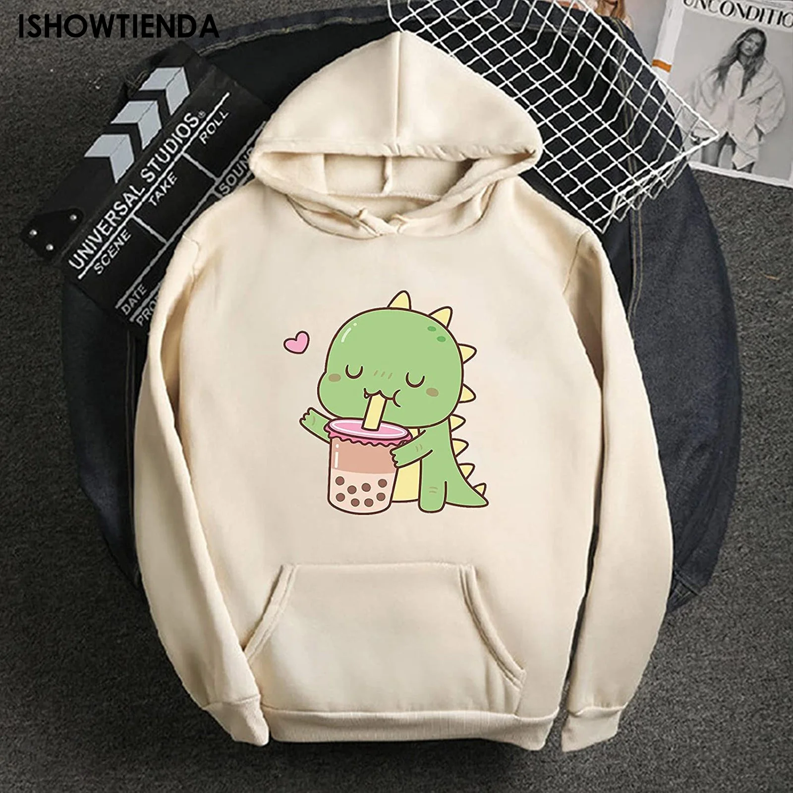

Dinosaur Cute Anime Printed Hooded Sweatshirts For Women Korean Fashion Sportwear Harajuku Oversized Hoodie Drawstring Moletom