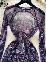 SINGREINY Serpentine Print Sexy Playsuits Female O Neck Long Sleeves Hollow Out Sheer Bodysuits Fashion Backless Short Jumpsuits - Image 3