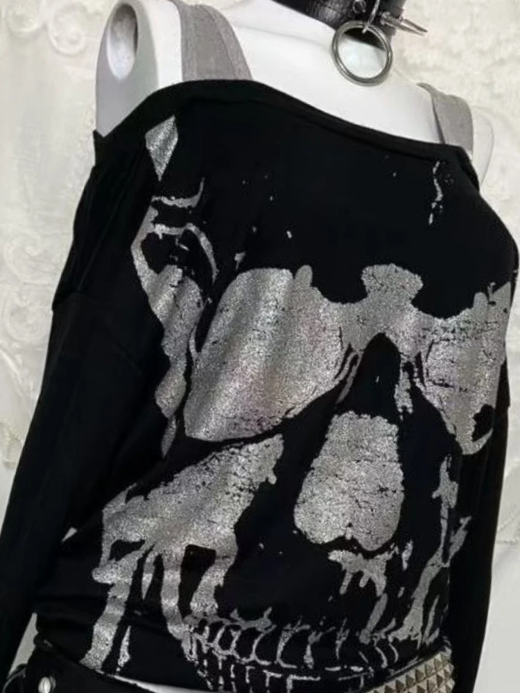 Vintage Y2k Gothic Fake Two Piece Tops Streetwear Punk Skull Print Off Shoulder T-shirts Women Fashion Grunge Harajuku Clothes 6
