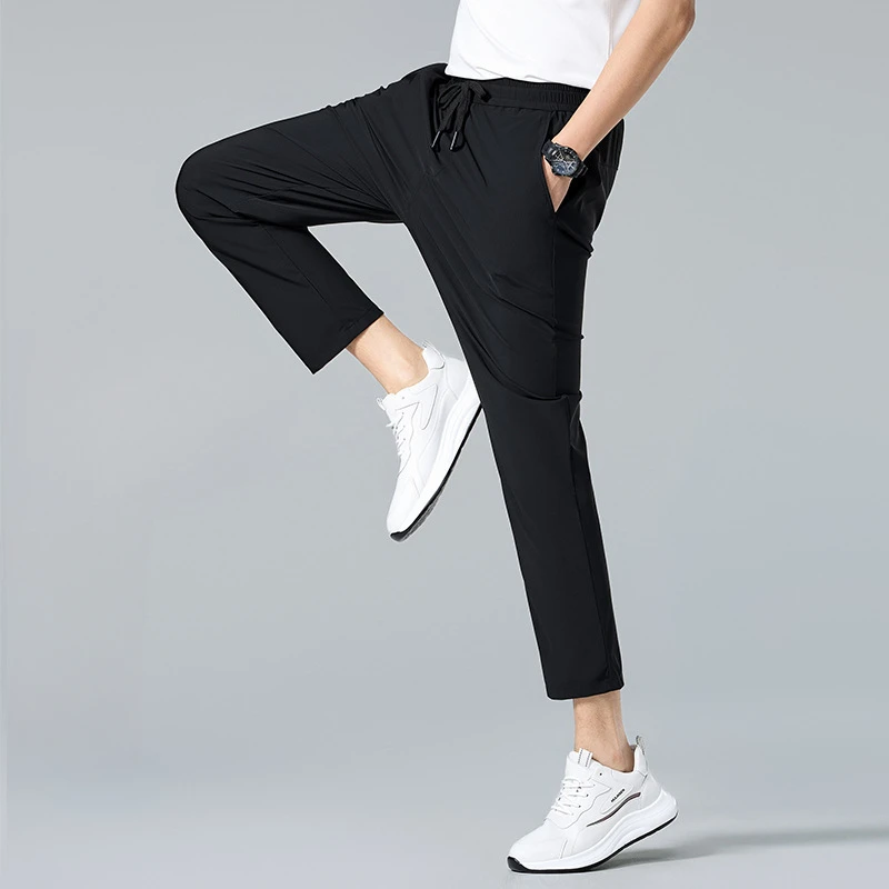 EBAIHUI Summer New Men's Ice Silk Pants Straight Sports Casual Cool Long Pants Solid Color Sunscreen Elastic Waist Male Clothing