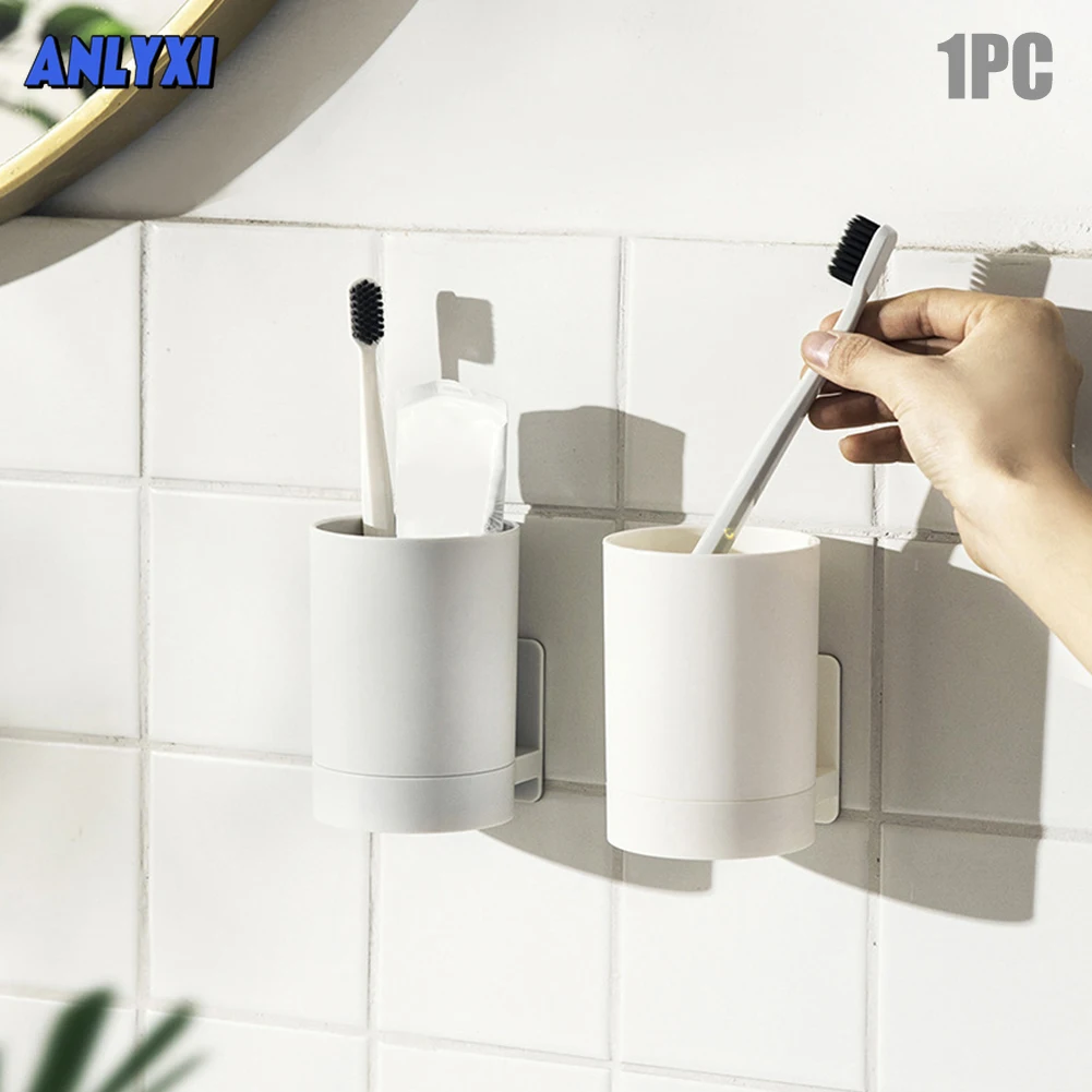 Bathroom No Drilling Durable Toothbrush Holder Multifunction Easy Install Storage Tooth Mug Solid Bedroom Kitchen Wall Mounted cup storage holder toothbrush cup bathroom organizer