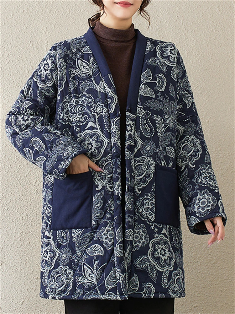 Ethnic Style Cotton Women Winter Vintage Single Breasted Coat Casual Loose Long Blue Floral Elegant Ladies New Jacket Outerwear