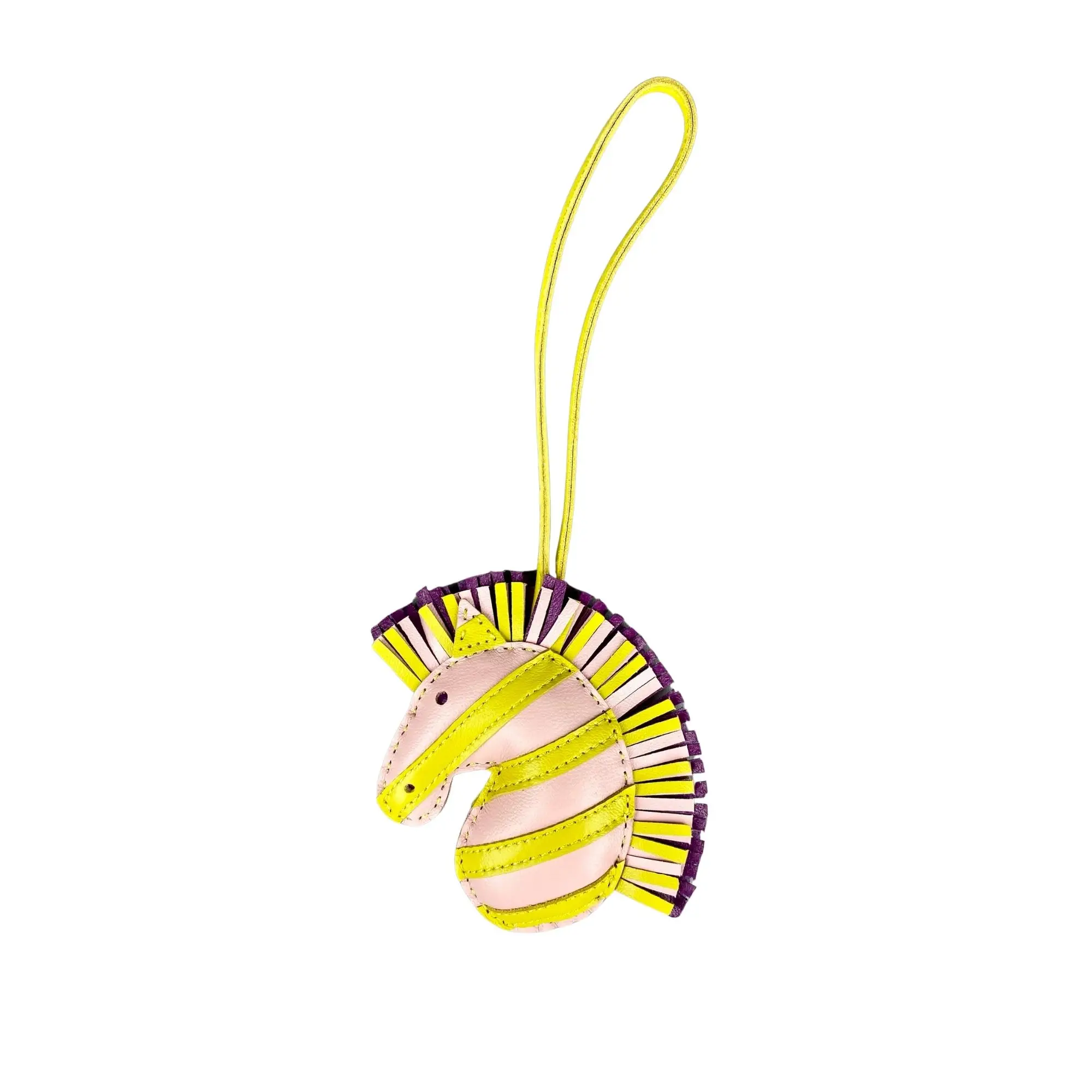 Majestic Unicorn Zebra Horse Head Bag Charm - Genuine Sheepskin Leather Accessory, Handmade 3D Mane Decor