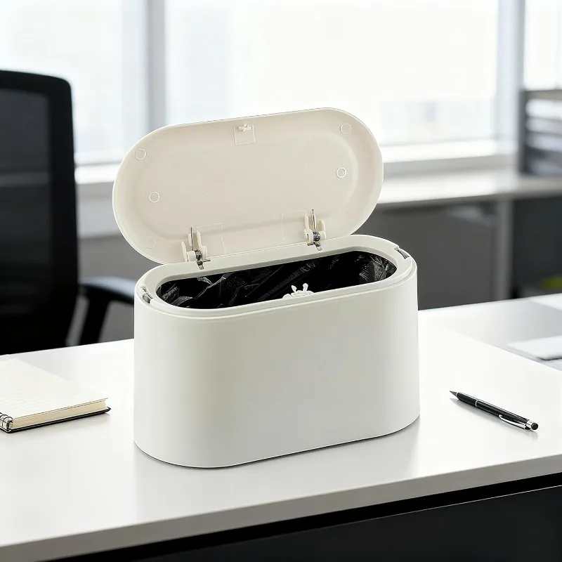 Compact Desktop Trash Can with Lid - Mini Plastic Waste Bin for Vanity/Bedside/Office,  Space-Saving &  Odor-Blocking