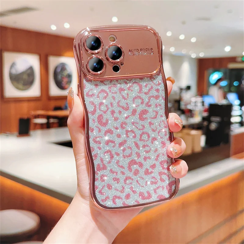 Curved Frame Glitter Leopard Pattern Plating Case For iPhone 15 14 13 12 11 Pro Max Lens Protect Shockproof Soft Cover_voghion.com