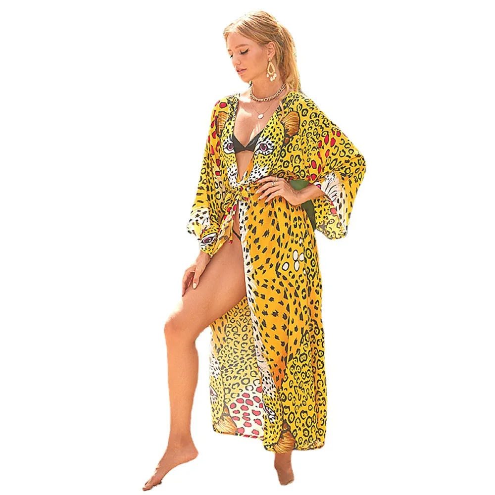 

2023 Spring Summer Beach Blouse Printed Bikini Sunscreen Shirt Beach Holiday Cardigan Beach Top Yellow