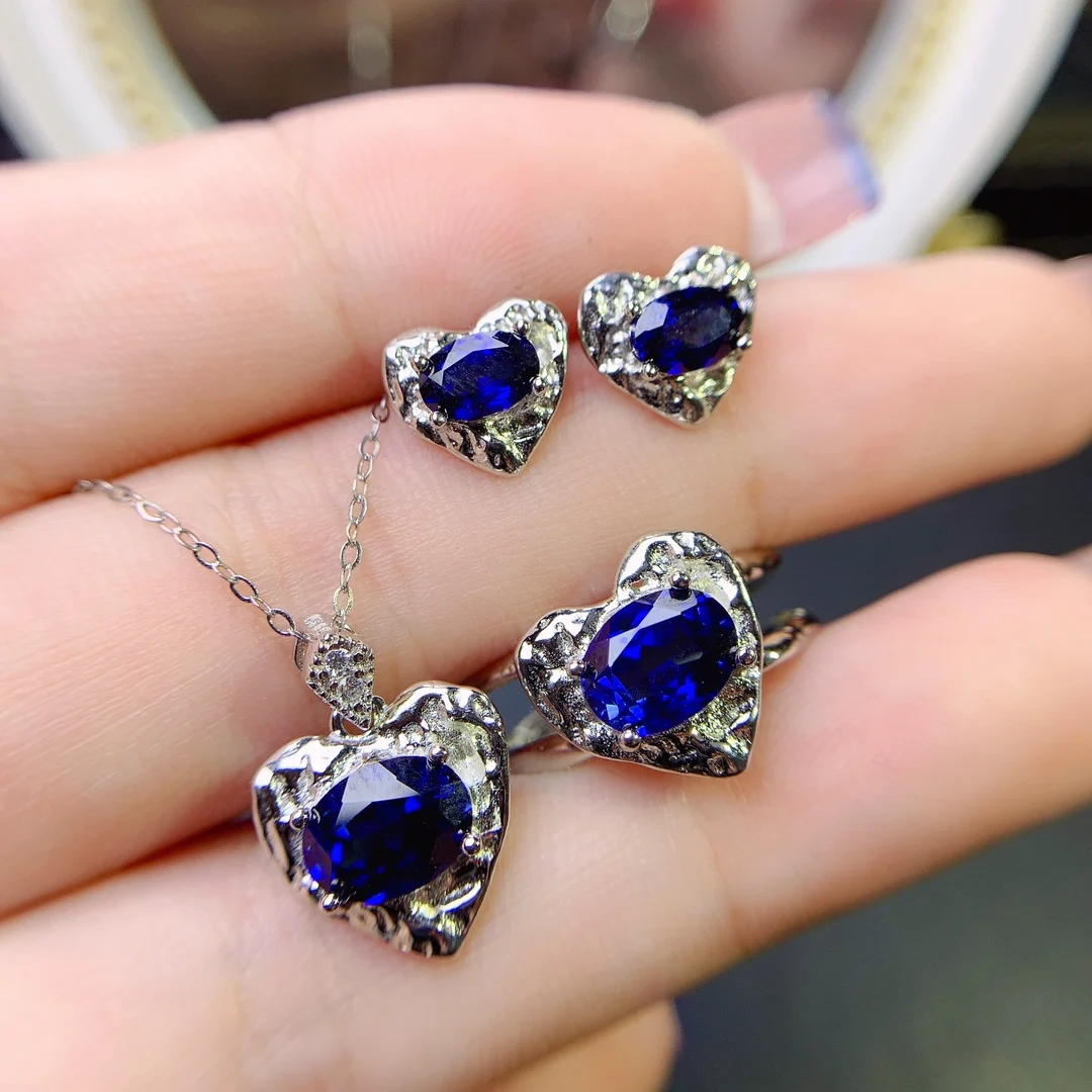 

Sapphire Jewelry Set 925 Sterling Silver Necklace Ring Ladies Wedding Engagement Luxury Jewelry Christmas Gift Free