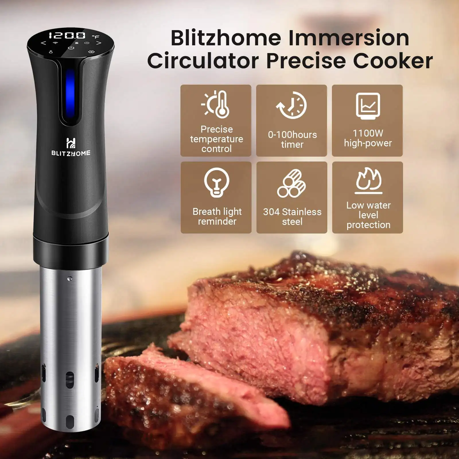 Sous Vide Machine, Sous Vide Cooker 1100W, Immersion Circulator Cooker,  Stainless Steel with Touch Control, Accurate Temperature, Time Control and